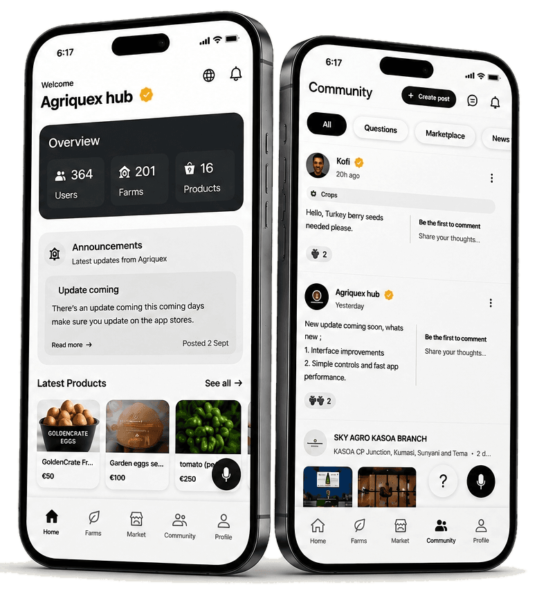 Agriquex Hub app screens